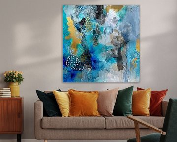 Abstract, schilderij, Blauw, wit en goud - Golven van Sereniteit
