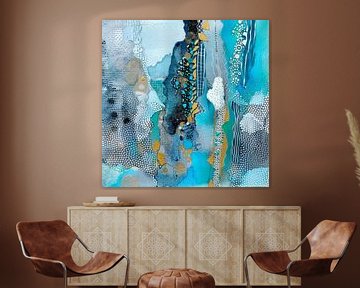 Abstract, schilderij, Blauw, wit en goud - Abstracte Auras