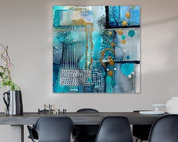 Abstract, schilderij, Blauw, wit en goud - Blauwe Illusie