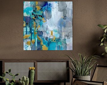 Abstract, schilderij, Blauw, wit en goud