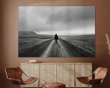 Lonely hiker - black and white photograph of an endless road by Poster Art Shop