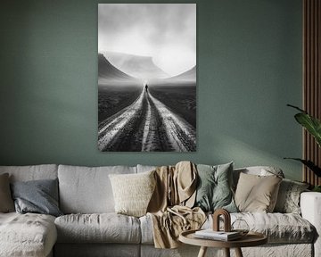 Lonely hiker - black and white photograph of an endless road by Poster Art Shop