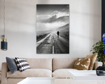 Lonely hiker - black and white photograph of an endless road by Poster Art Shop