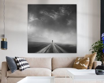Lonely hiker - black and white photograph of an endless road by Poster Art Shop