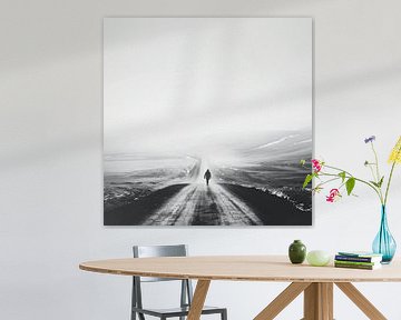 Lonely hiker - black and white photograph of an endless road by Poster Art Shop
