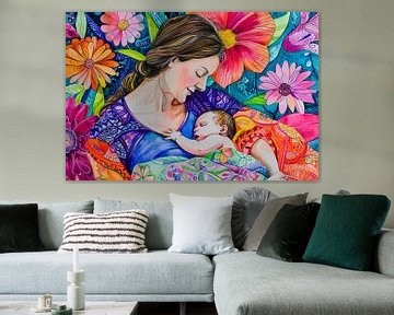 Digitaal abstract schilderachtig portret fictieve vrouw en kind van Egon Zitter
