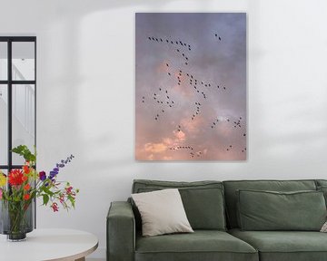 Zonsondergang met vliegende trekvogels in rose oranje tinten van Femke de Vries