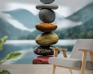 Zen Balance - Meditative stone towers by the water by Poster Art Shop