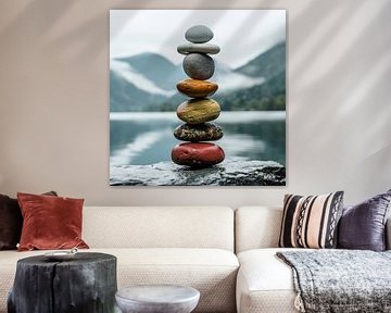 Zen Balance - Meditatieve stenen torens aan het water van Poster Art Shop