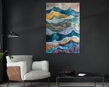 Berglandschap in blauw en goud - Abstracte harmonie van Poster Art Shop