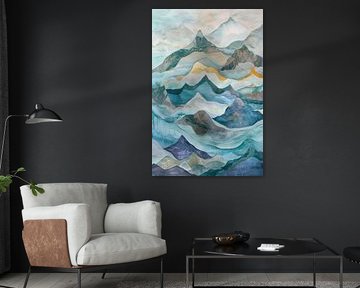 Berglandschap in blauw en goud - Abstracte harmonie