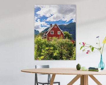 Rood houten huis in Aurland in Noorwegen van Rico Ködder