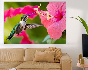 Hummingbird bij Bloeiende Hibiscus van Art Just Works