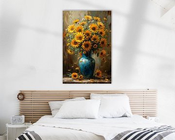 Zonnebloemen Schilderij | Schilderij met Zonnebloemen | Schilderij Bloemen in Vaas van AiArtLand