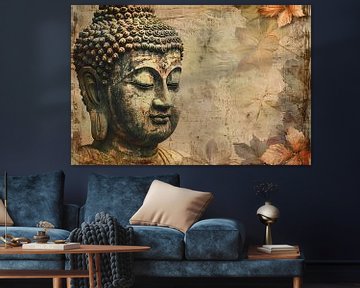 Serene Boeddha met herfstbladeren in sepia van Art & Soul Creations