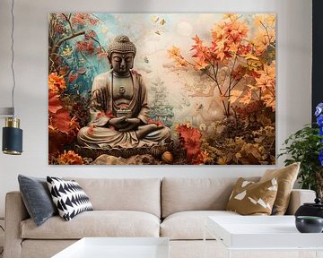 Mediterende Boeddha tussen herfstbladeren van Art & Soul Creations