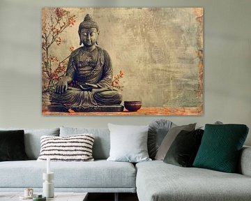 Boeddha met rode bloemen in sepia van Art & Soul Creations