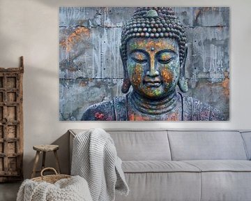 Boeddha Kunstwerk met Kleurrijke Betonnen Achtergrond van Art & Soul Creations