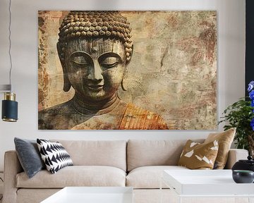 Serene Boeddha met Gouden Gloed en Sepia Achtergrond van Art & Soul Creations