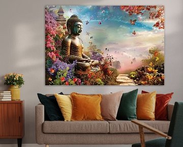 Meditatieve Boeddha in Kleurrijk Bloemenparadijs van Art & Soul Creations