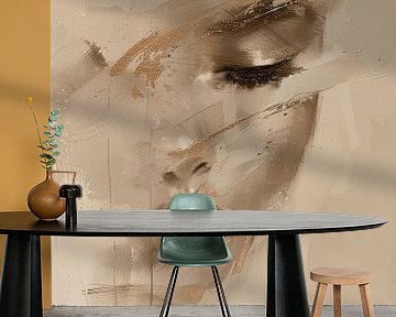 Modern en abstract portret in goud en aardetinten van Carla Van Iersel