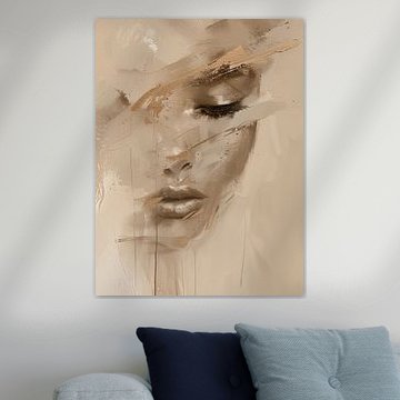 Modern en abstract portret in goud en aardetinten van Carla Van Iersel