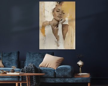 Abstract portret in aardetinten met een vleugje okergeel van Carla Van Iersel