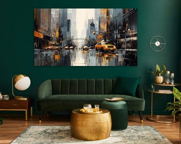 Gebouw in New York City met gele taxi, abstract schilderij van Animaflora PicsStock