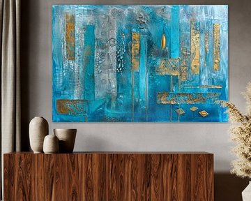 Abstract schilderij in turquoise en goud “Blue Hues and Golden Accents“ van Joriali Abstract