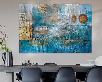 Abstract schilderij in turquoise en goud “Textures of Blue and Gold“ van Joriali Abstract