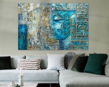 Abstract schilderij in turquoise en goud “Contemporary Blue and Gold Serenity “ van Joriali Abstract