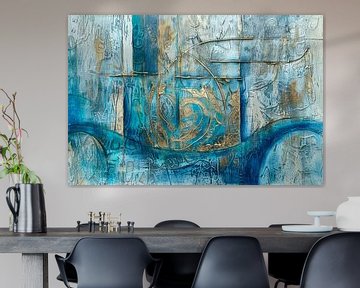 Abstract schilderij in turquoise en goud “Textures of Blue and Gold“ van Joriali Abstract