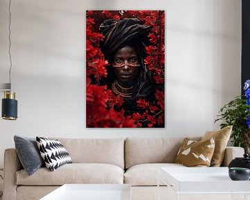 African Tribe Wodaabe portrait among red blossoms by Sander Hupkes