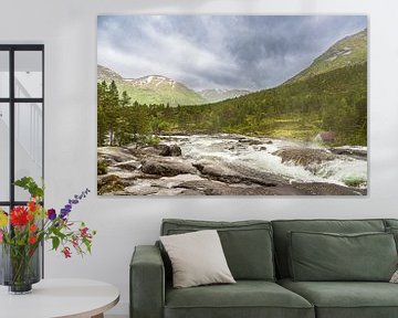 The Likholefossen waterfall with mountains in Norway by Rico Ködder
