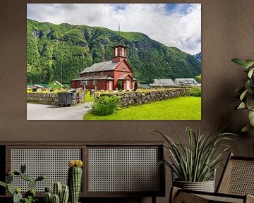 Church and houses in Fjærland in Norway by Rico Ködder