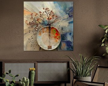 Abstract kleurrijk stilleven - Vaas met takjes - Wabi-Sabi stijl van Studio Pieternel