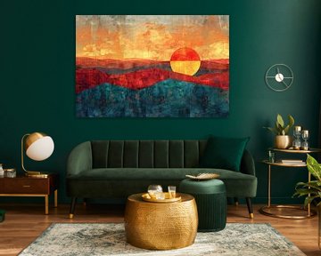Digitale kunst van kleurrijke zonsondergang met bergen van Art & Soul Creations