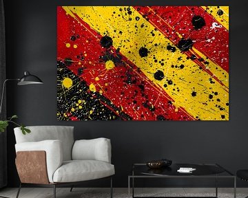 Abstracte kunst met dynamische spetters in rood, geel en zwart van Art & Soul Creations