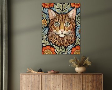 Cat With Flowers Style William Morris by TOAN TRAN