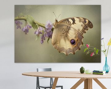 Foto van een vlinder op een tak met paarse bloemen van Joriali fotografie en schilderijen