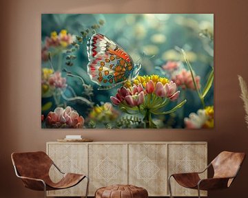 Foto van een kleurrijke vlinder, rustend op een bloem van Joriali abstract en digitale kunst
