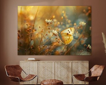 Photo of a butterfly in a flower meadow, with warm golden and brown tones by Joriali photography and paintings