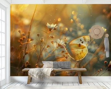 Photo of a butterfly in a flower meadow, with warm golden and brown tones by Joriali photography and paintings