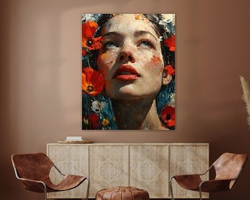 Abstract Portrait of Woman with Poppies van Eva Lee