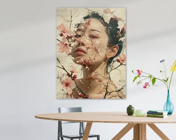 Cracked Portrait of Woman with Cherry Blossoms van Eva Lee