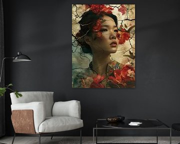 Cracked Portrait of Woman with Red Flowers van Eva Lee