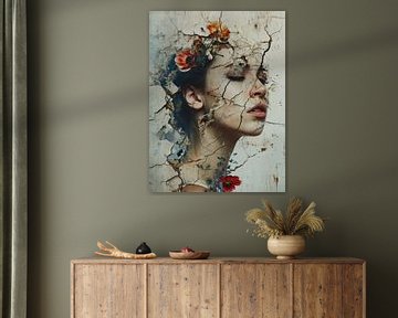 Cracked Portrait of Woman with Flowers van Eva Lee