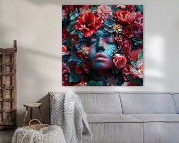 Vrouw in een bloemenzee, in gedachten verzonken