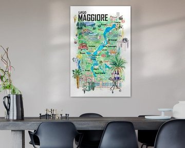 Lago Maggiore Illustrierte Reisekarte mit Strassen und Highlights in Italien und der Schweiz