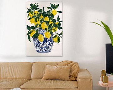 Fresh Lemons in Blue Flower Vase by Steinfox Art